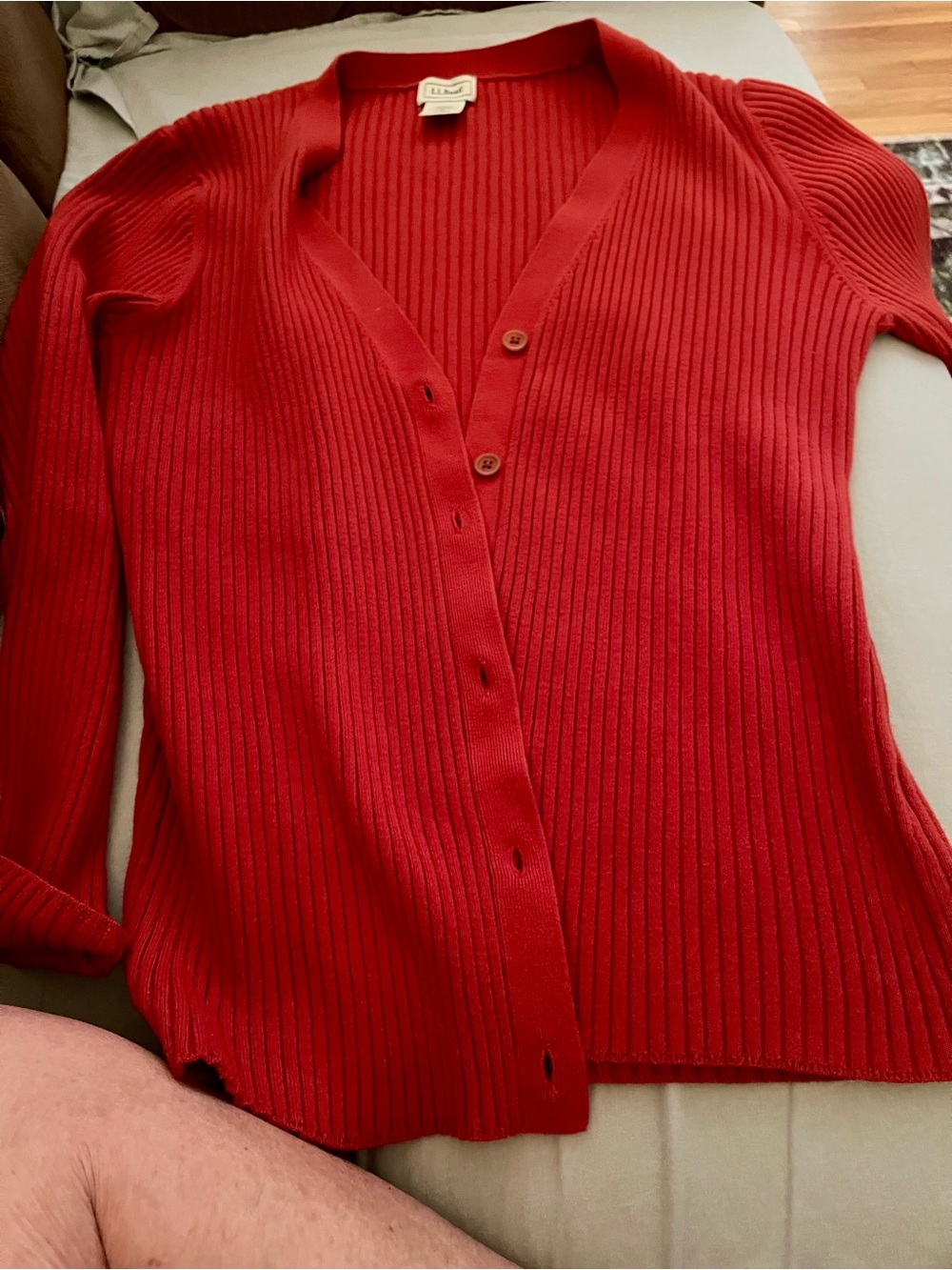 L.L. Bean Women's Bright Red Ribbed Button-Front Cardigan